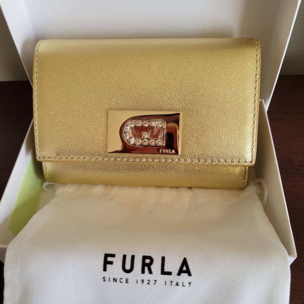 Furla Gold Leather Wallet, 5"L x 3"H x 1" D.
